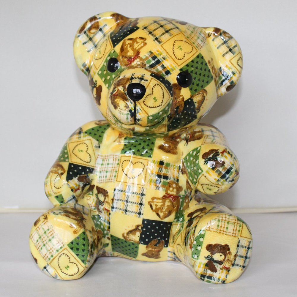 Ceramic Glazed "Yellow Quilt Patchwork Teddy Bear" 8" in (H)